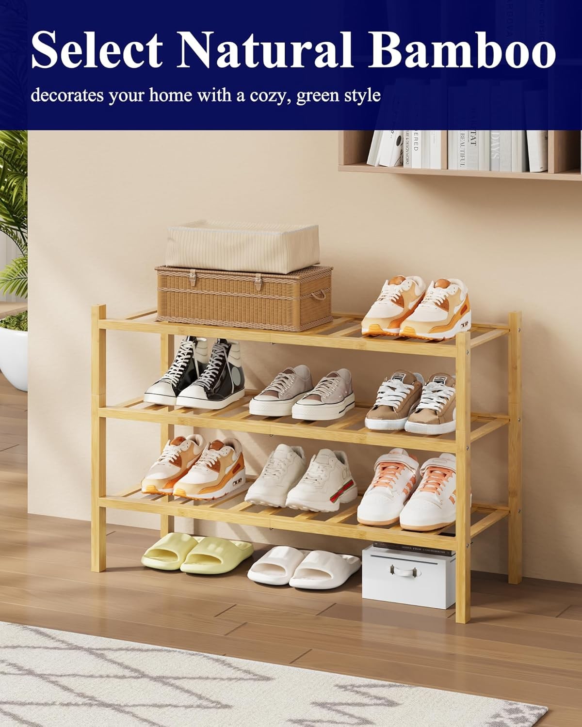 Kitsure Bamboo Wooden Shoe Rack for Closet - Stackable Shoe Organizer with Modular Structure, Space-Saving Shoe Shelf for Entryway, Living Room, Bedroom, 26.8" x 11" x 18.9", Natural