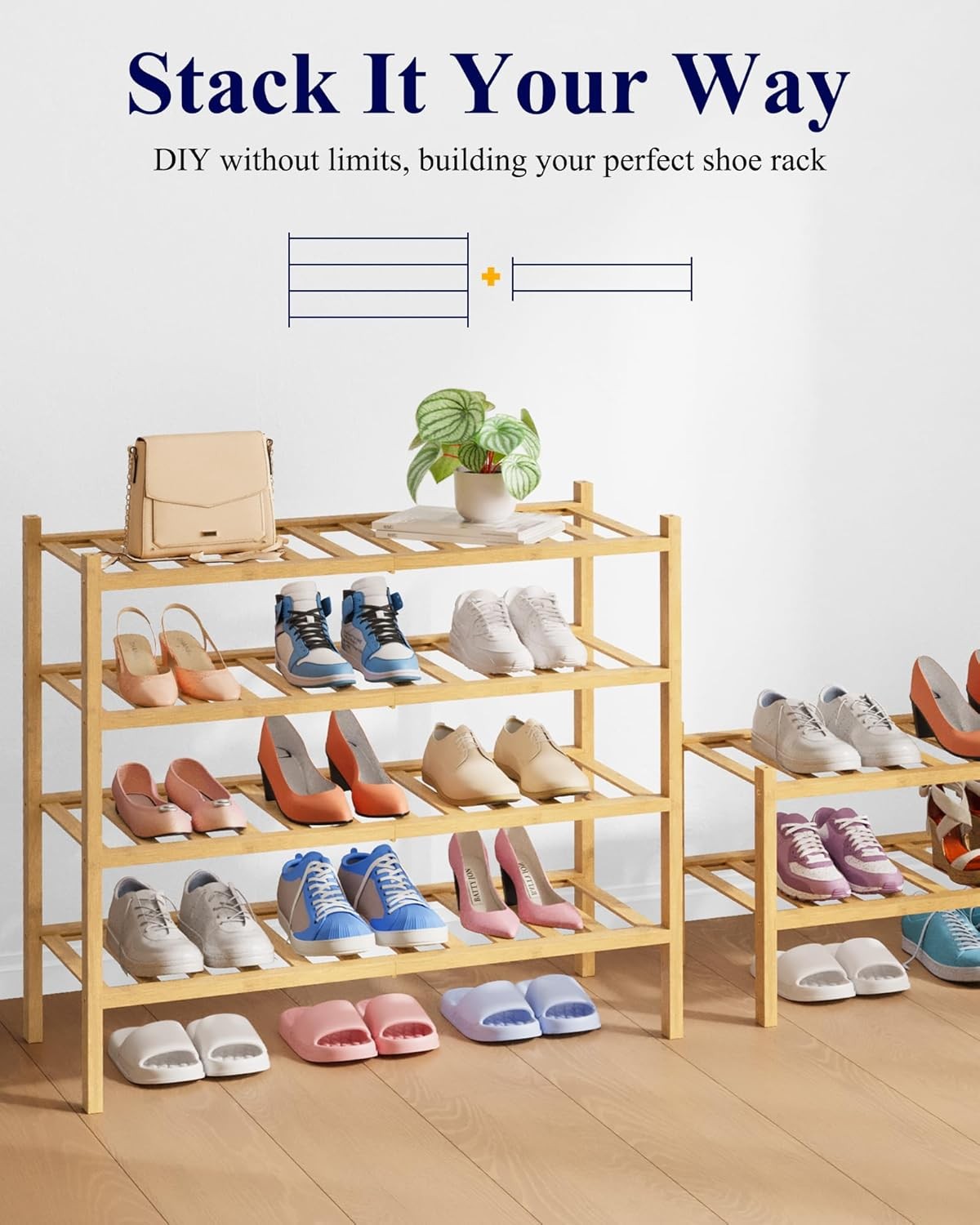 Kitsure Bamboo Wooden Shoe Rack for Closet - Stackable Shoe Organizer with Modular Structure, Space-Saving Shoe Shelf for Entryway, Living Room, Bedroom, 26.8" x 11" x 18.9", Natural