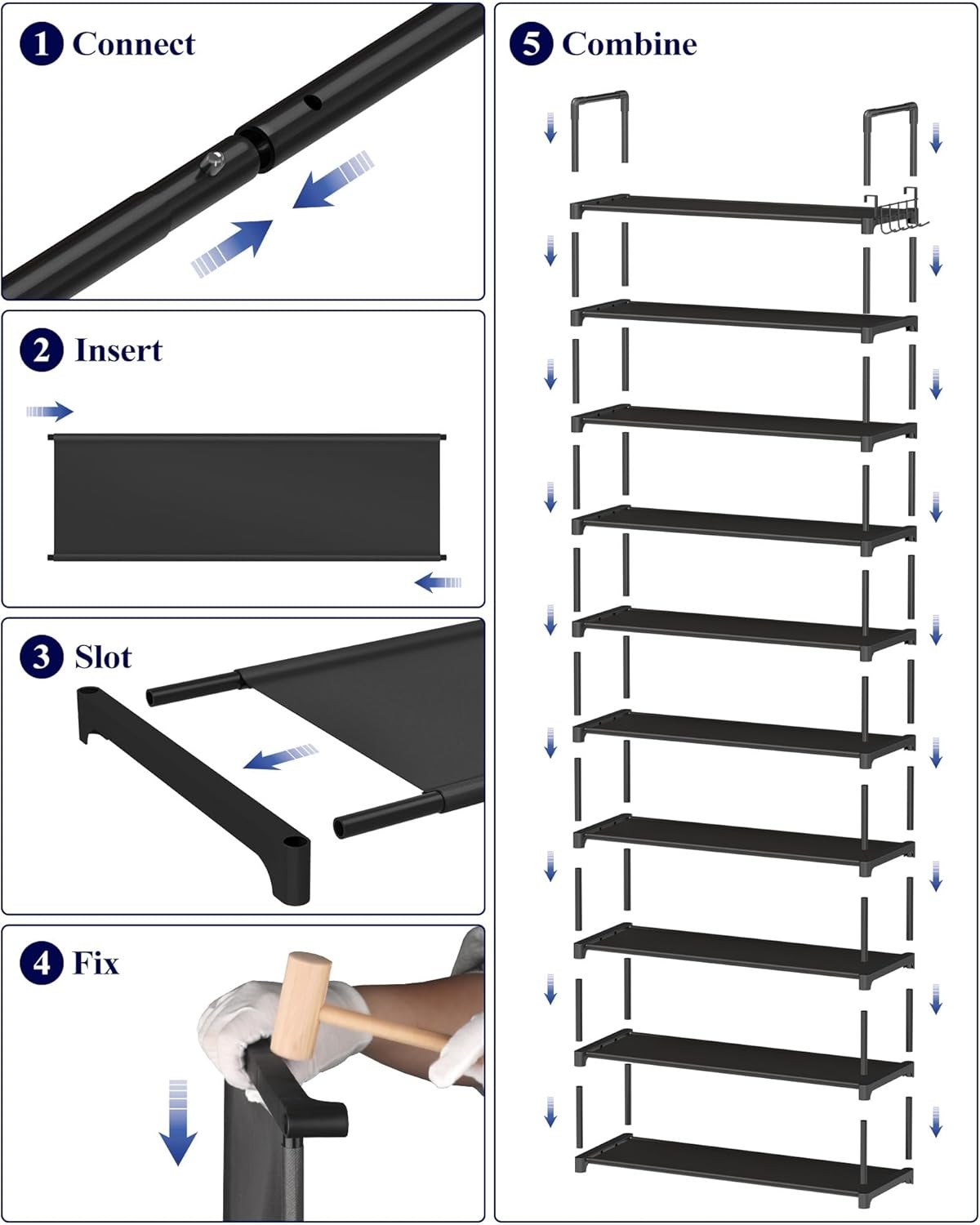 Shoe Rack for Closet - 10-Tier Shoe Organizer with Hook Rack, Large-Capacity & Space-Saving Shoe Shelf for Entryway, Bedroom, Living Room,32.2" x 11.8" x 68.5", Black