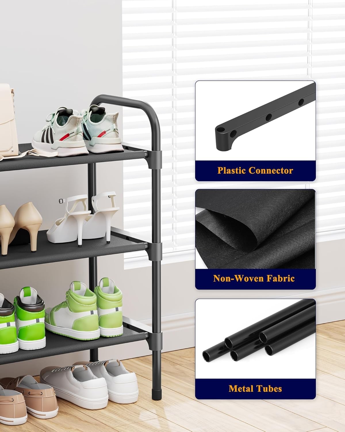 Extra-Long Shoe Rack for Closet, Shoe Organizer for Front Door Entrance, Stackable Shoe Shelf, Detachable Closet Organizers and Storage, 39.0" Wide - 3 Tier, Black