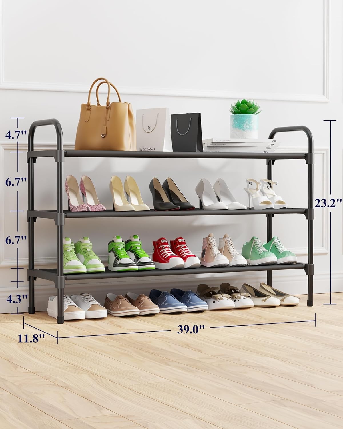 Extra-Long Shoe Rack for Closet, Shoe Organizer for Front Door Entrance, Stackable Shoe Shelf, Detachable Closet Organizers and Storage, 39.0" Wide - 3 Tier, Black