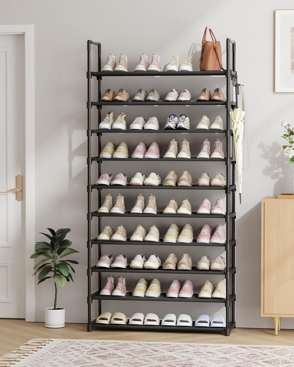 Shoe Rack for Closet - 10-Tier Shoe Organizer with Hook Rack, Large-Capacity & Space-Saving Shoe Shelf for Entryway, Bedroom, Living Room,32.2" x 11.8" x 68.5", Black