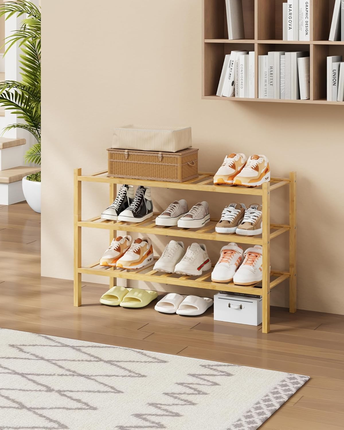 Kitsure Bamboo Wooden Shoe Rack for Closet - Stackable Shoe Organizer with Modular Structure, Space-Saving Shoe Shelf for Entryway, Living Room, Bedroom, 26.8" x 11" x 18.9", Natural