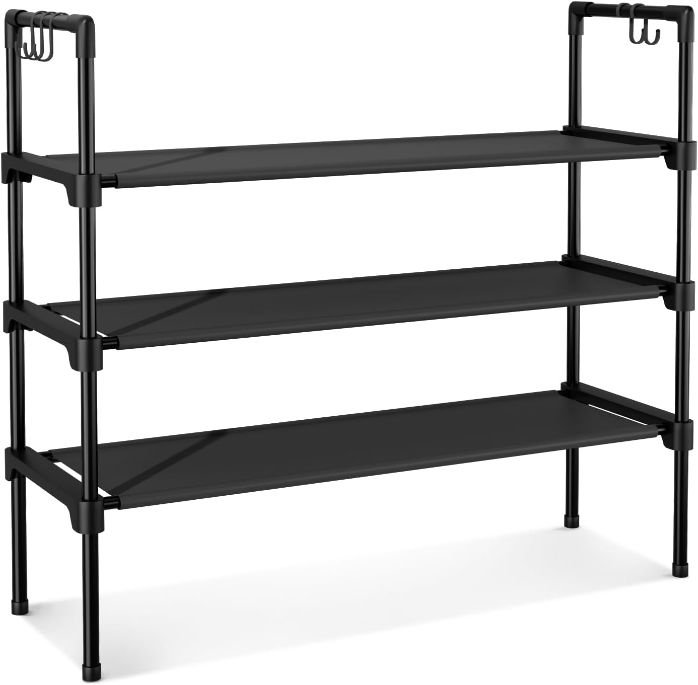 3 Tier Shoe Rack for Closet, Shoe Organizer with 5 Hooks, Long Shoe Shelf Storage for Sneaker and Boot Stackable Free Standing Shoe Rack for Entryway, Garage, Small Spaces, Dorm