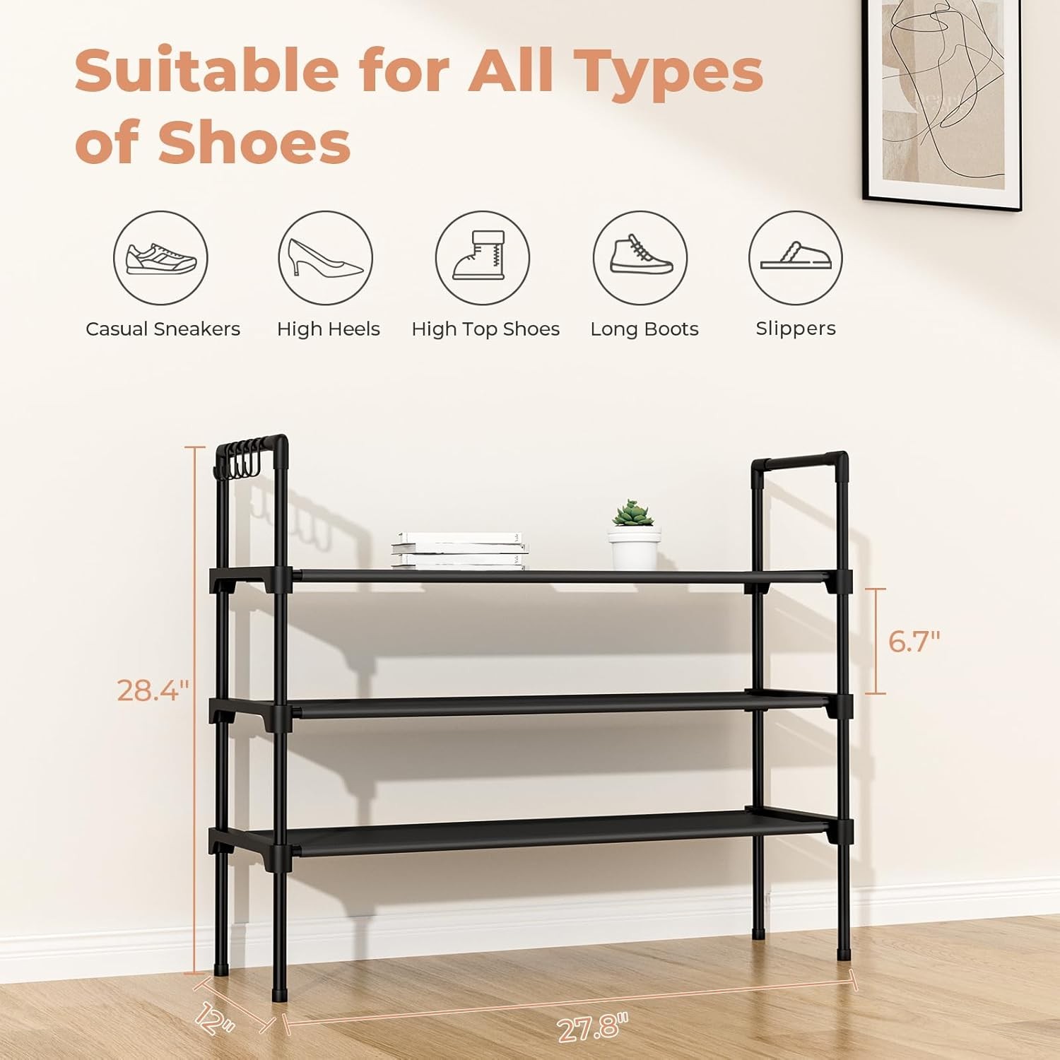 3 Tier Shoe Rack for Closet, Shoe Organizer with 5 Hooks, Long Shoe Shelf Storage for Sneaker and Boot Stackable Free Standing Shoe Rack for Entryway, Garage, Small Spaces, Dorm