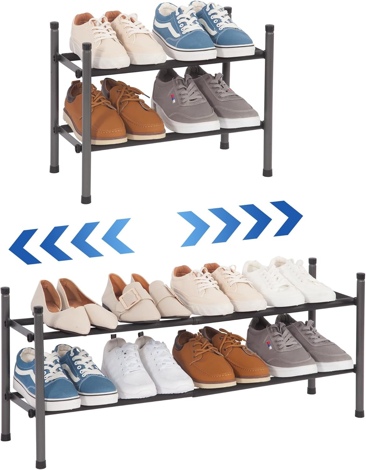 Expandable Shoe Rack, 8 Pairs Stackable Small Shoe Rack, Metal Adjustable Shoes Organizer for Closet, Entryway, Hallway, Garage, Front Door, Shoes Shelves, Black 2 Tier