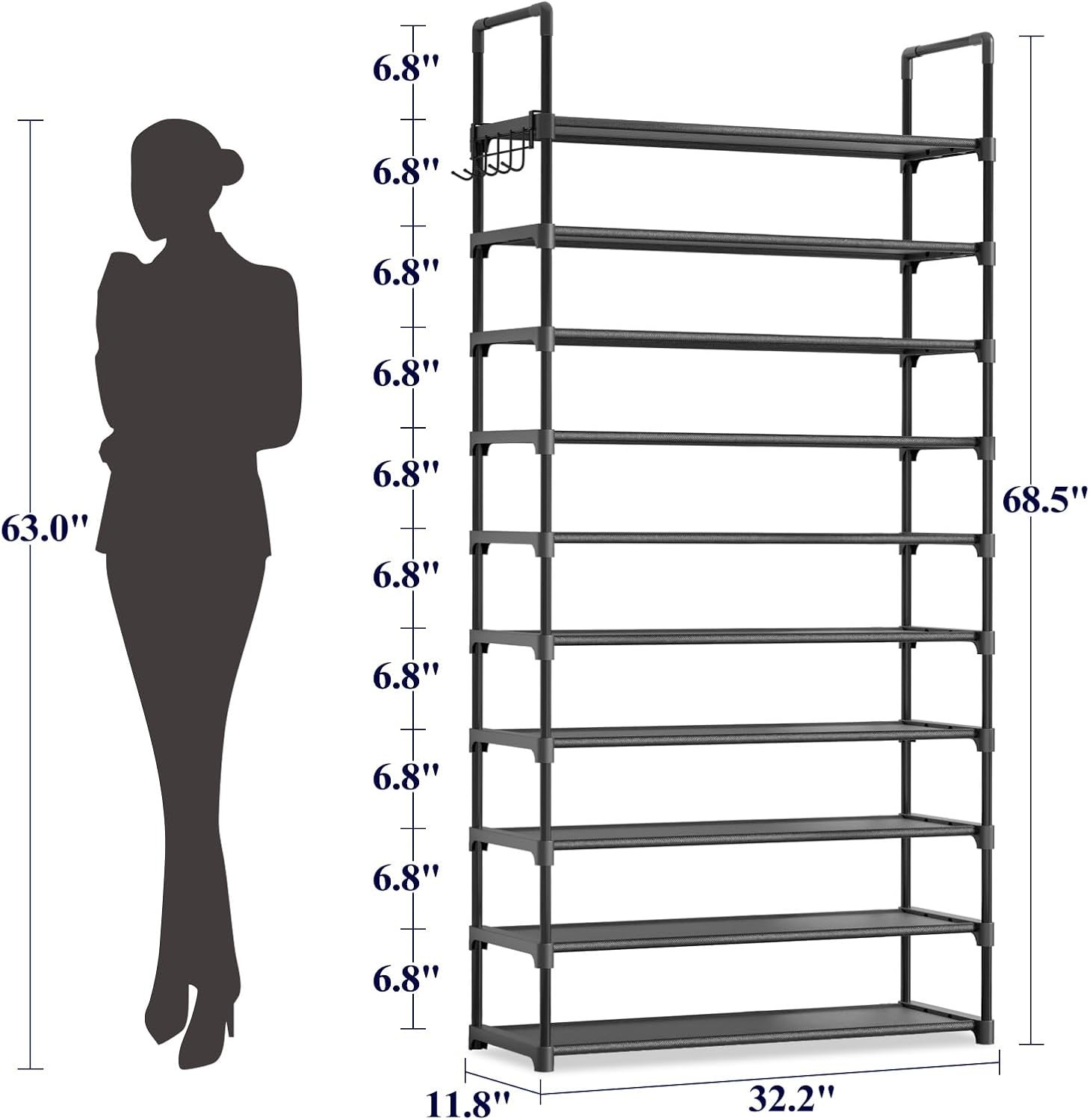 Shoe Rack for Closet - 10-Tier Shoe Organizer with Hook Rack, Large-Capacity & Space-Saving Shoe Shelf for Entryway, Bedroom, Living Room,32.2" x 11.8" x 68.5", Black