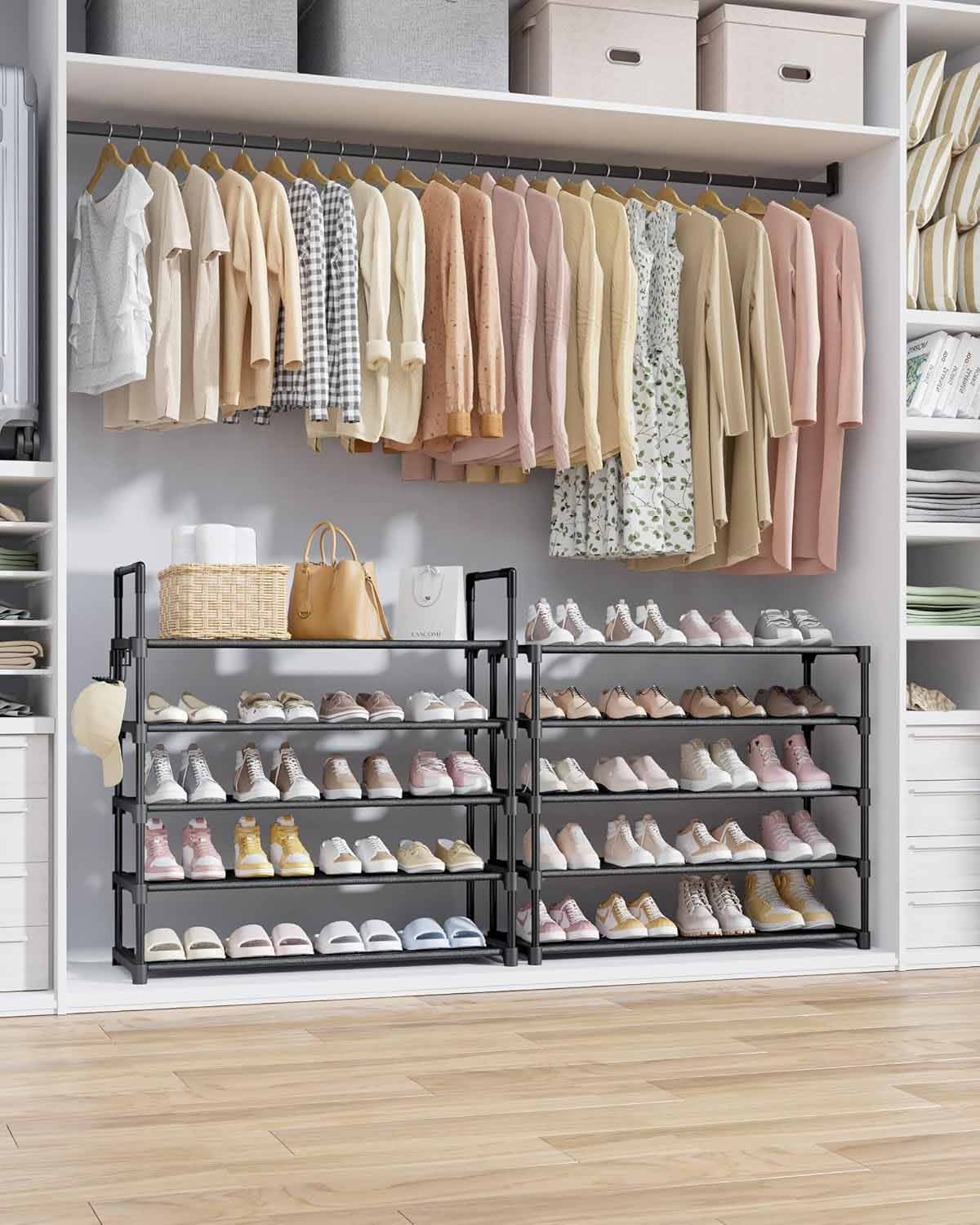Shoe Rack for Closet - 10-Tier Shoe Organizer with Hook Rack, Large-Capacity & Space-Saving Shoe Shelf for Entryway, Bedroom, Living Room,32.2" x 11.8" x 68.5", Black