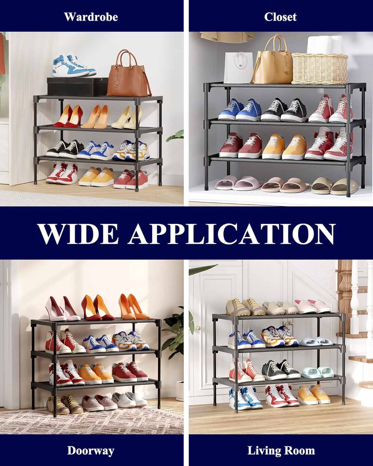 Kitsure Shoe Rack - Non-Woven Shoe Rack Shelf, Shoe Organizer for Closet, Entryway, Garage & Corridor, Stackable Shoe Shelves, 27.5" Wide - 3 Tier, Black