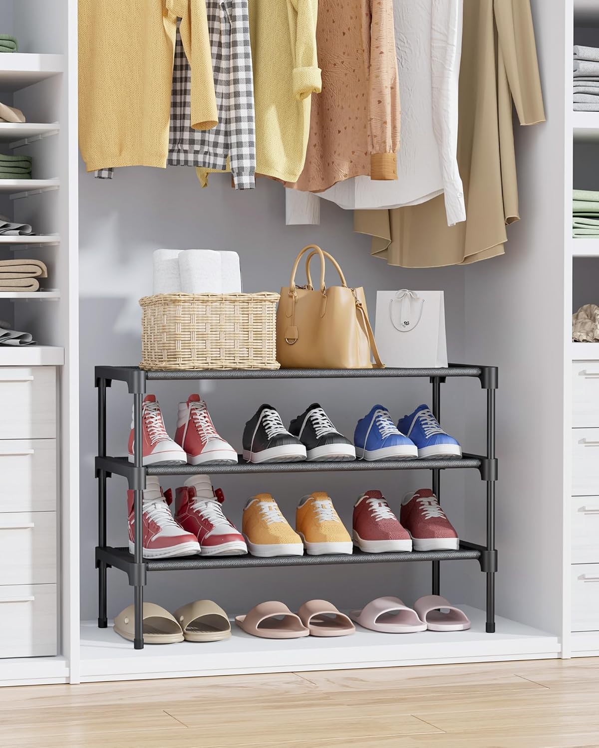Kitsure Shoe Rack - Non-Woven Shoe Rack Shelf, Shoe Organizer for Closet, Entryway, Garage & Corridor, Stackable Shoe Shelves, 27.5" Wide - 3 Tier, Black