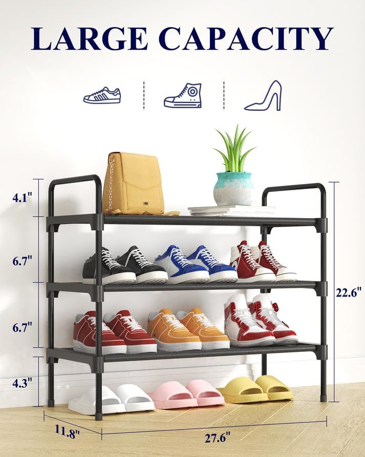 Kitsure Shoe Rack for Closet, Sturdy Shoe Storage for Entryway, Space-Saving Shoe Rack Small and Shoe Shelf, 27.6" Wide, Black