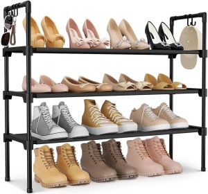 3 Tier Shoe Rack for Closet, Shoe Organizer with 5 Hooks, Long Shoe Shelf Storage for Sneaker and Boot Stackable Free Standing Shoe Rack for Entryway, Garage, Small Spaces, Dorm