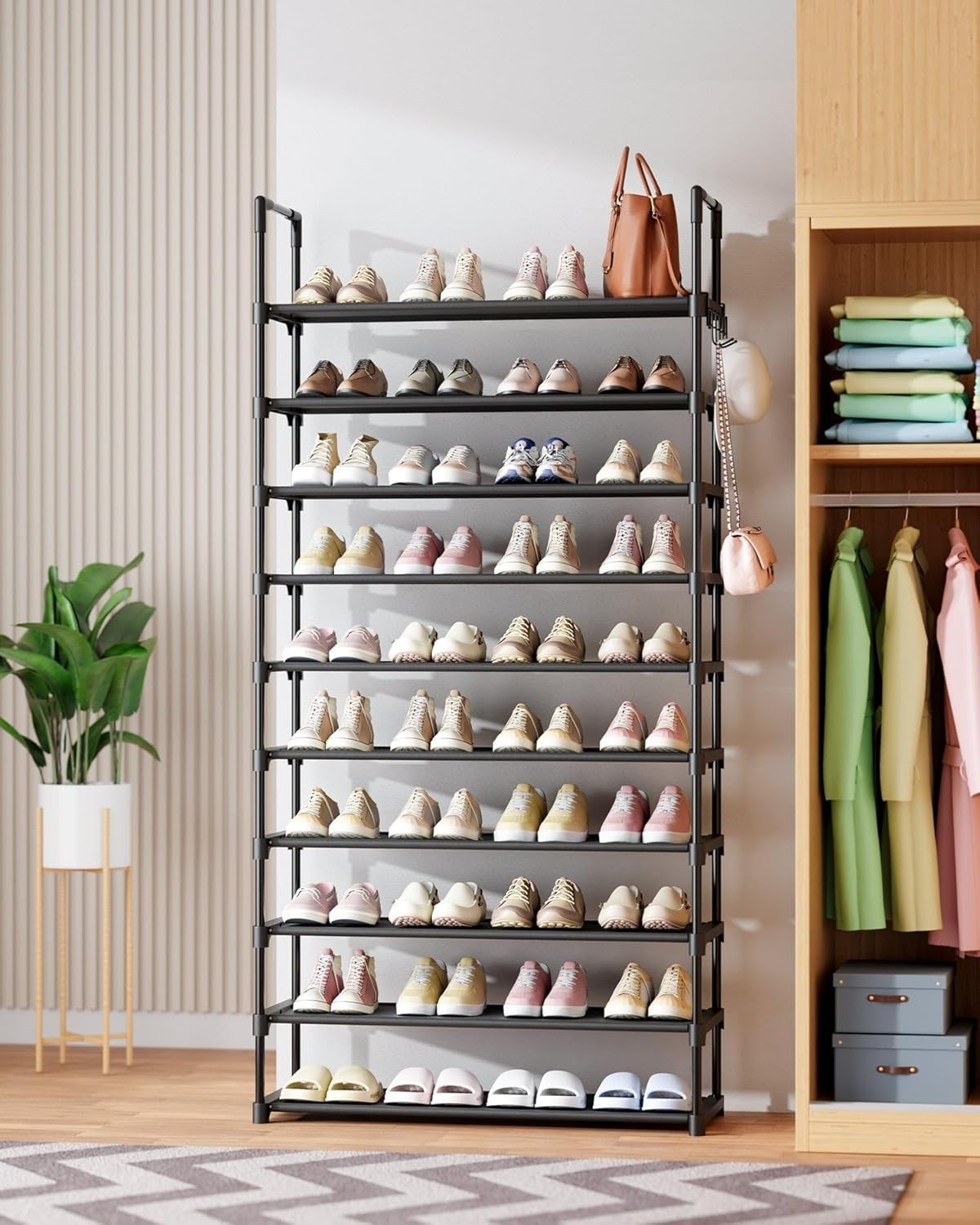 Shoe Rack for Closet - 10-Tier Shoe Organizer with Hook Rack, Large-Capacity & Space-Saving Shoe Shelf for Entryway, Bedroom, Living Room,32.2" x 11.8" x 68.5", Black