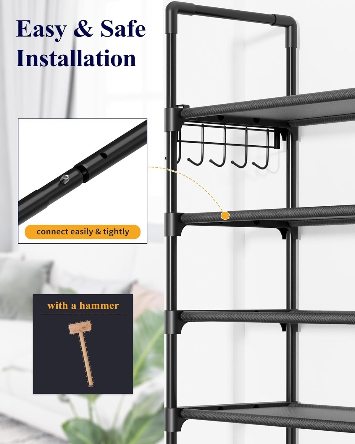 Shoe Rack for Closet - 10-Tier Shoe Organizer with Hook Rack, Large-Capacity & Space-Saving Shoe Shelf for Entryway, Bedroom, Living Room,32.2" x 11.8" x 68.5", Black