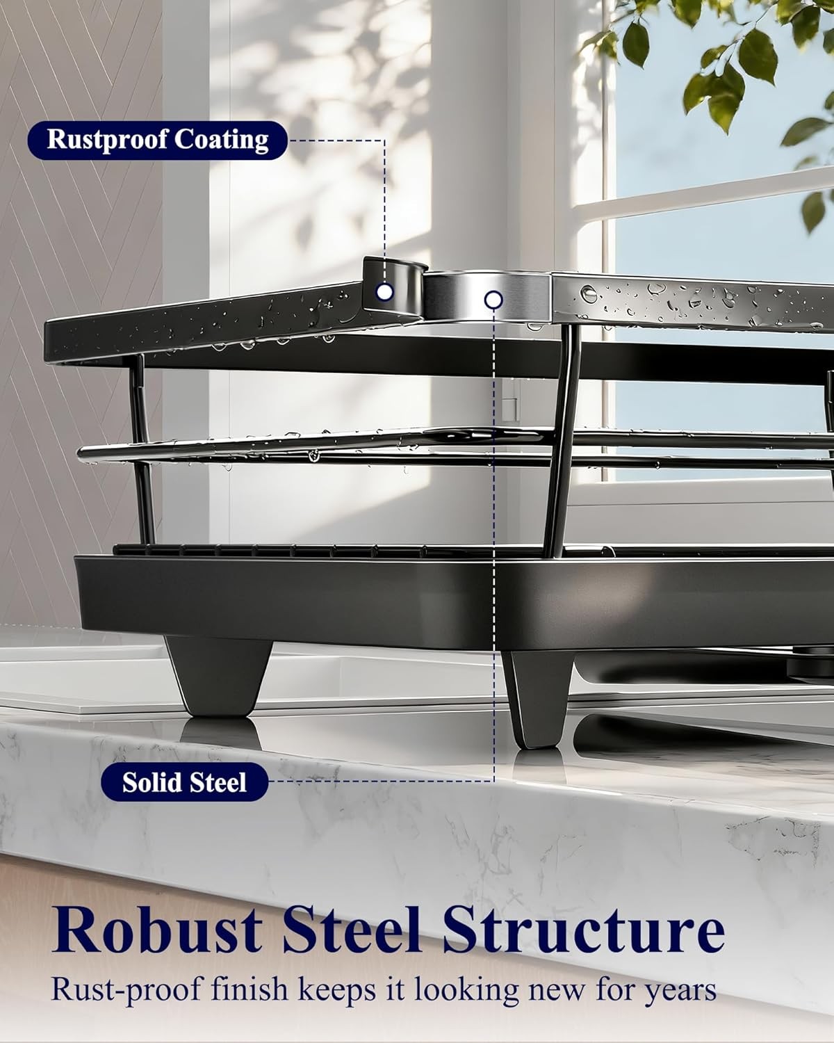 Kitsure Dish Drying Rack for Kitchen Counter, Stainless Steel Sink Organization and Storage Essentials with Cutlery Holder, Home and Appartment Decor, 12''W x 15.5''L, Black