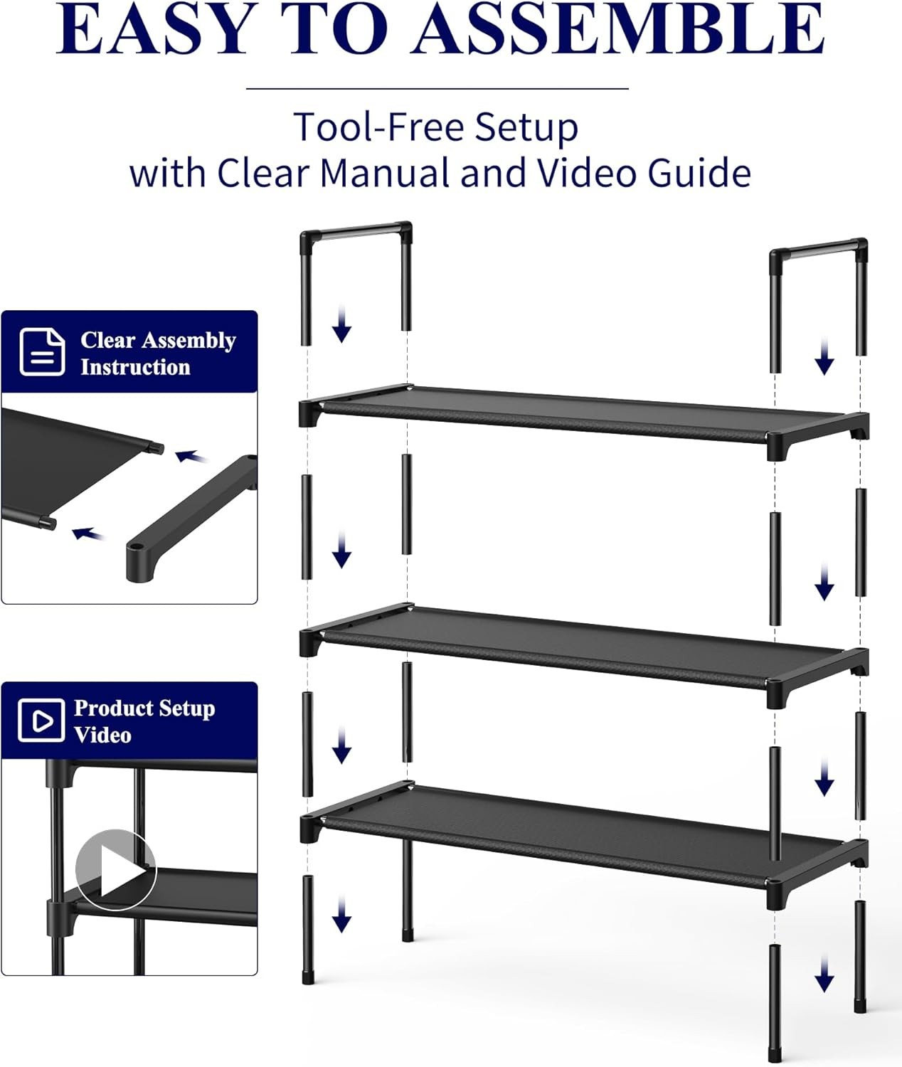 Shoe Rack - 3-Tier Shoe Organizer, Shoe Rack for Closet, Entryway, Bedroom, Easy- Assembly Storage Shelf with Side Handles, 27.6" Wide - 3 Tiers, Black