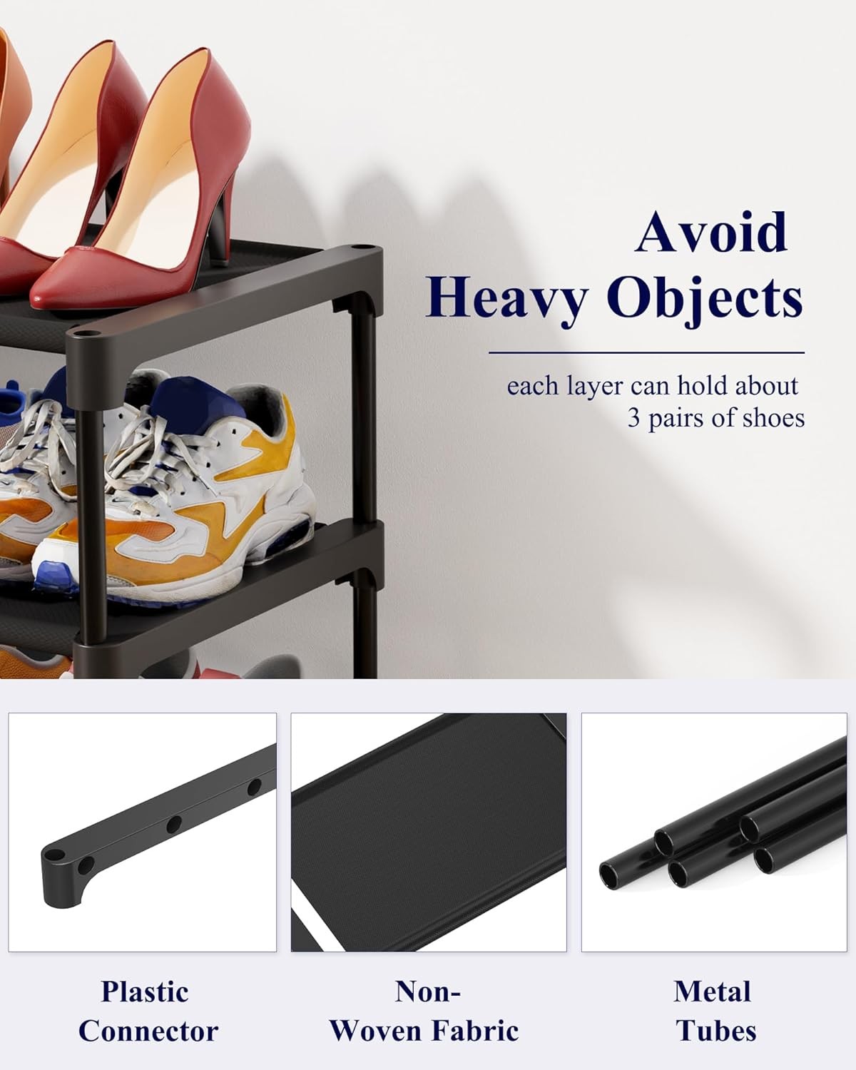 Kitsure Shoe Rack - Non-Woven Shoe Rack Shelf, Shoe Organizer for Closet, Entryway, Garage & Corridor, Stackable Shoe Shelves, 27.5" Wide - 3 Tier, Black