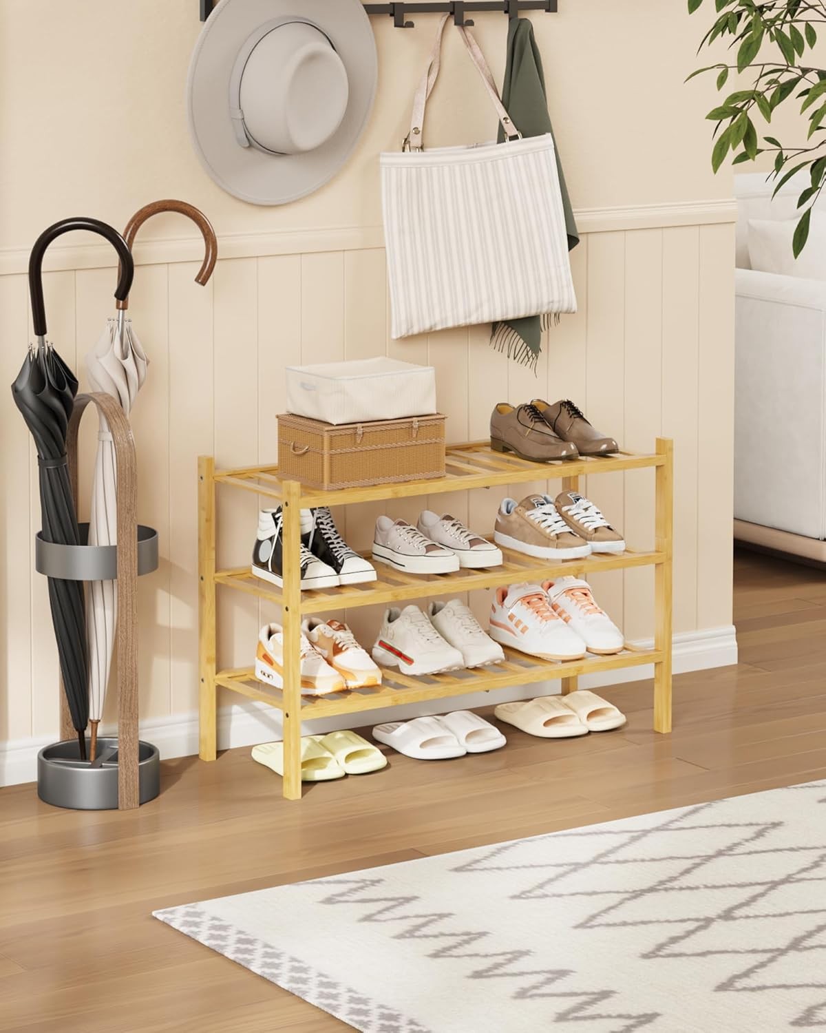 Kitsure Bamboo Wooden Shoe Rack for Closet - Stackable Shoe Organizer with Modular Structure, Space-Saving Shoe Shelf for Entryway, Living Room, Bedroom, 26.8" x 11" x 18.9", Natural