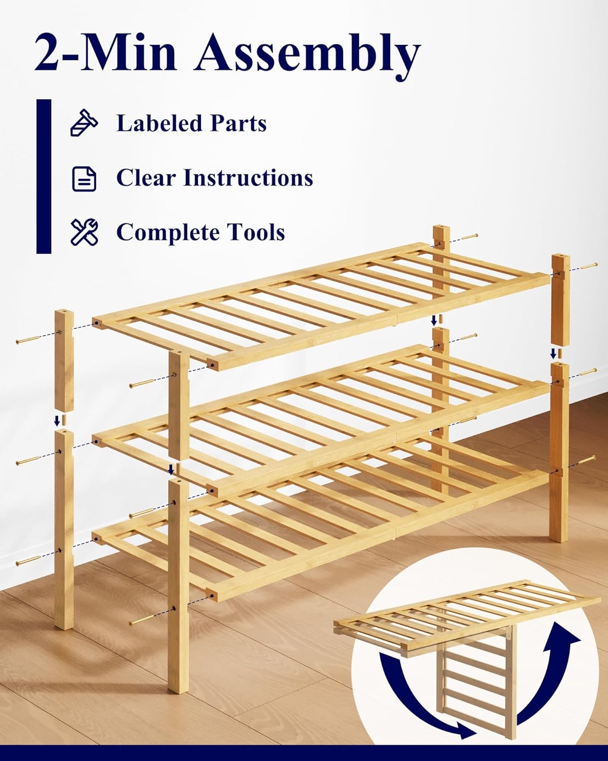 Kitsure Bamboo Wooden Shoe Rack for Closet - Stackable Shoe Organizer with Modular Structure, Space-Saving Shoe Shelf for Entryway, Living Room, Bedroom, 26.8" x 11" x 18.9", Natural