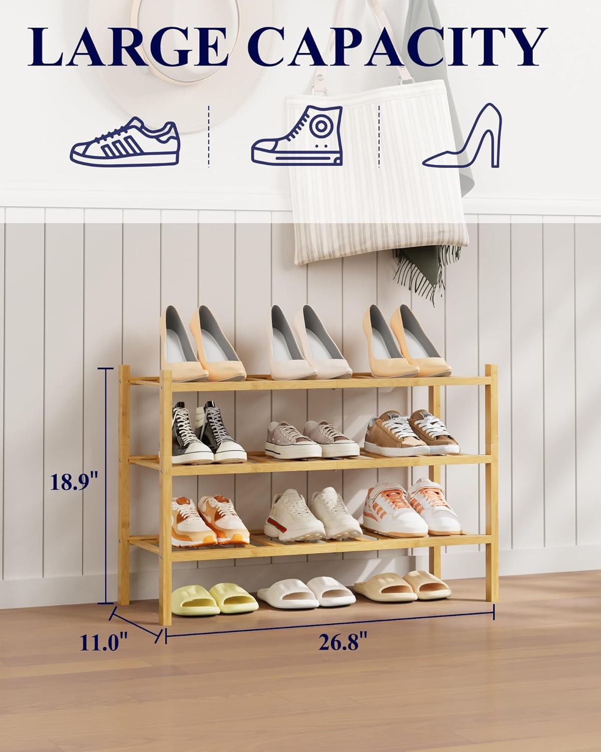 Kitsure Bamboo Wooden Shoe Rack for Closet - Stackable Shoe Organizer with Modular Structure, Space-Saving Shoe Shelf for Entryway, Living Room, Bedroom, 26.8" x 11" x 18.9", Natural
