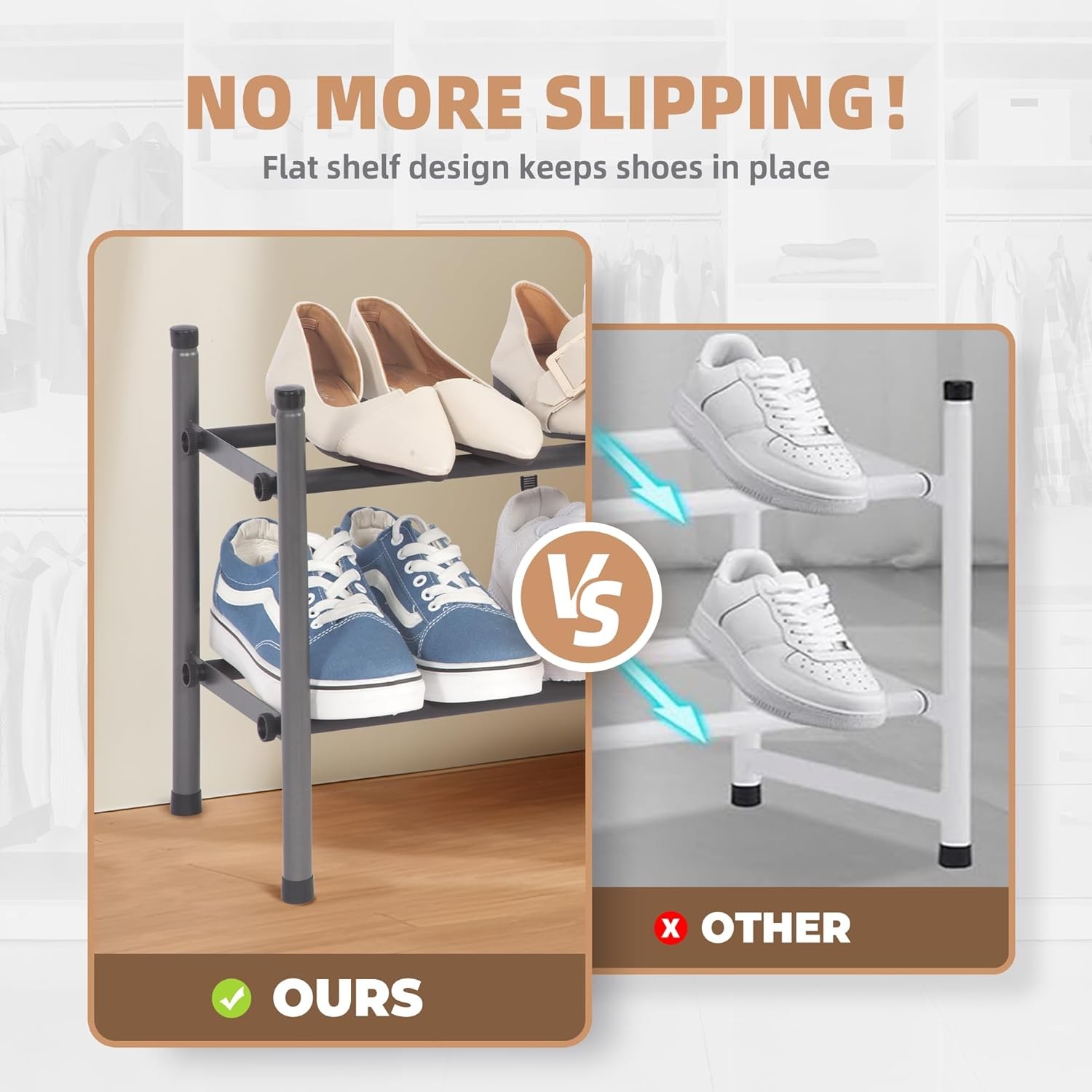 Expandable Shoe Rack, 8 Pairs Stackable Small Shoe Rack, Metal Adjustable Shoes Organizer for Closet, Entryway, Hallway, Garage, Front Door, Shoes Shelves, Black 2 Tier