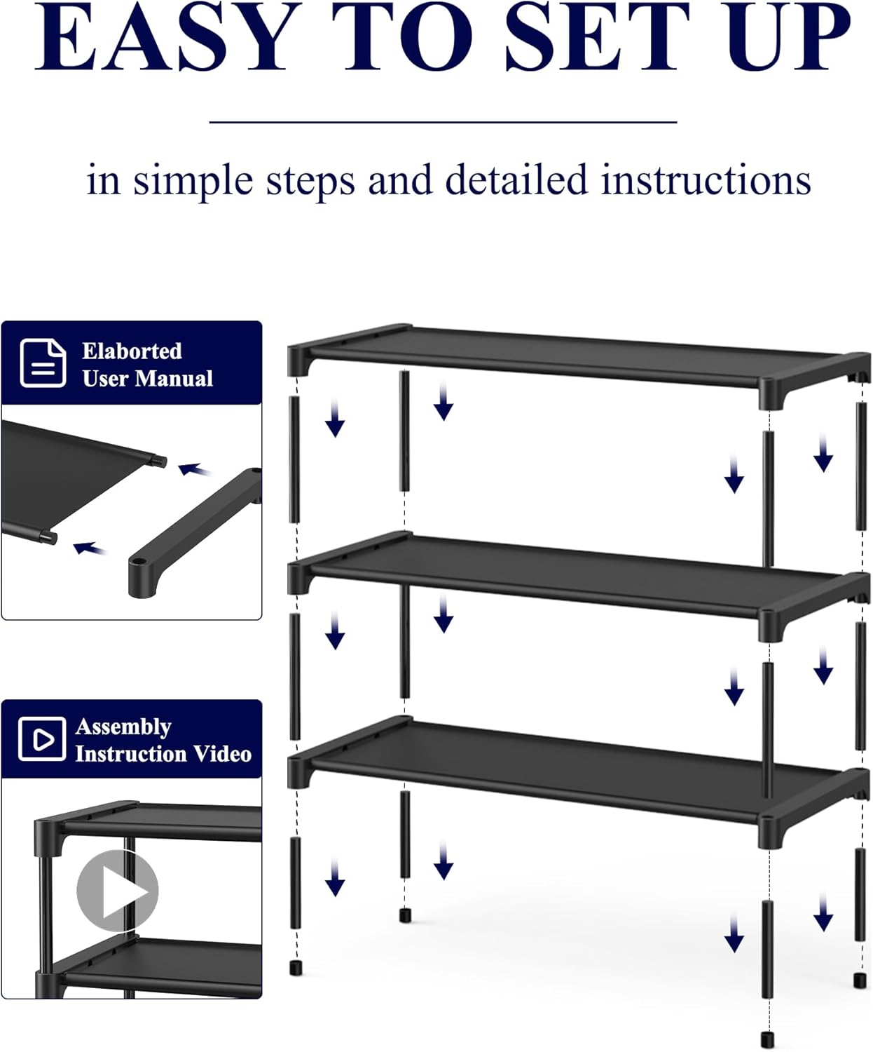 Kitsure Shoe Rack - Non-Woven Shoe Rack Shelf, Shoe Organizer for Closet, Entryway, Garage & Corridor, Stackable Shoe Shelves, 27.5" Wide - 3 Tier, Black