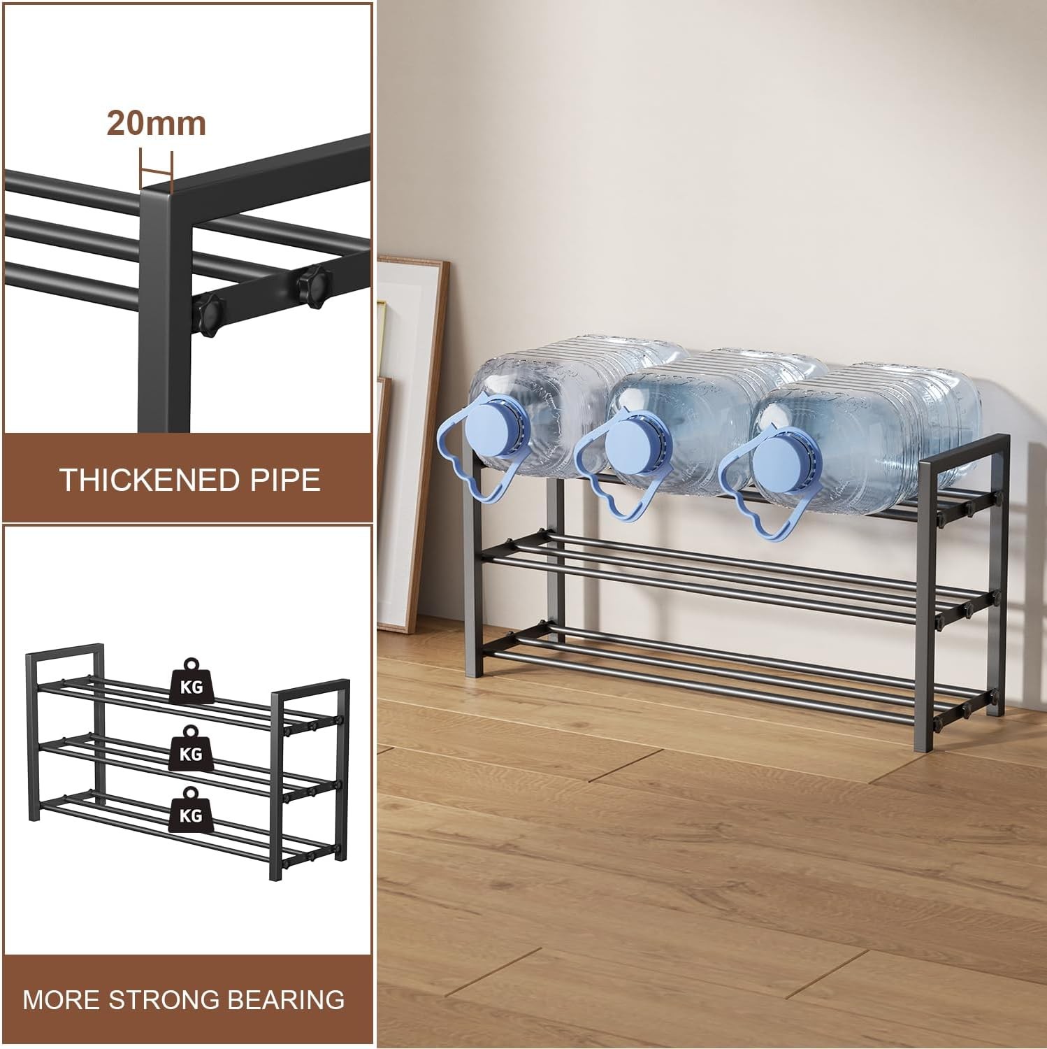 3-Tier Expandable Shoe Rack, Adjustable Shoe Shelf Storage Organizer Heavy Duty Metal Free Standing Shoe Rack for Entryway Closet Doorway (Black)