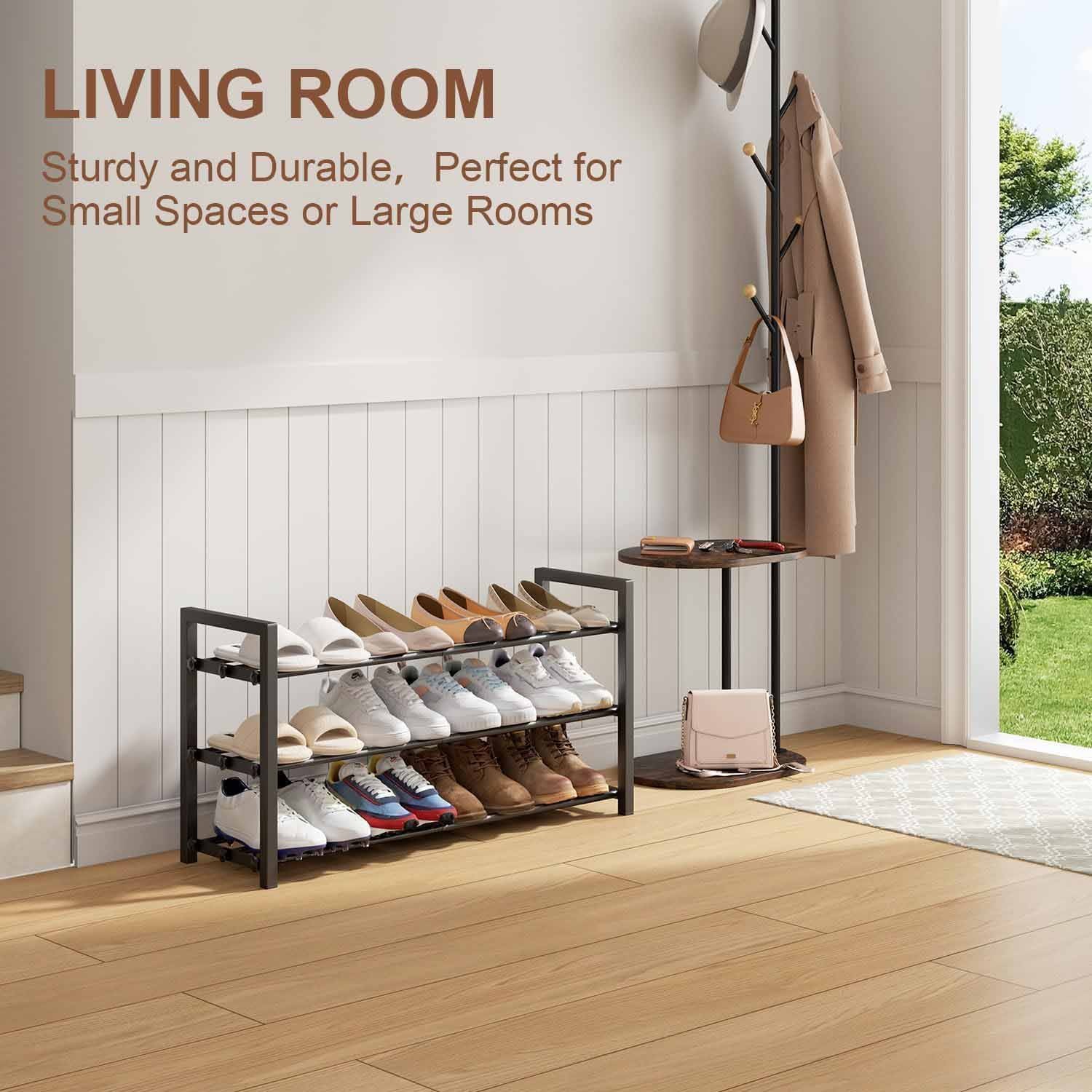 3-Tier Expandable Shoe Rack, Adjustable Shoe Shelf Storage Organizer Heavy Duty Metal Free Standing Shoe Rack for Entryway Closet Doorway (Black)
